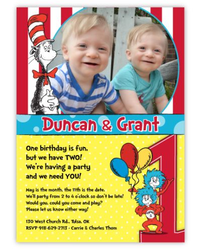 Cat in the Hat and Thing 1 & Thing 2 Twins Photo Birthday Invitation