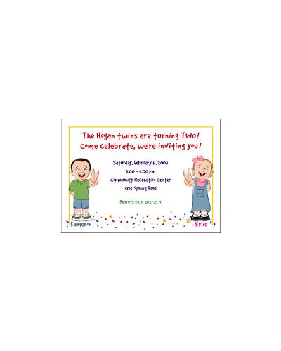 Cartoon Kids 2 Year Old Girl-Boy Twins Birthday Invitation