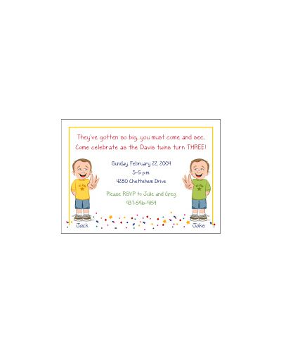 Cartoon Kids 3 Year Old Twin Boys Birthday Invitation