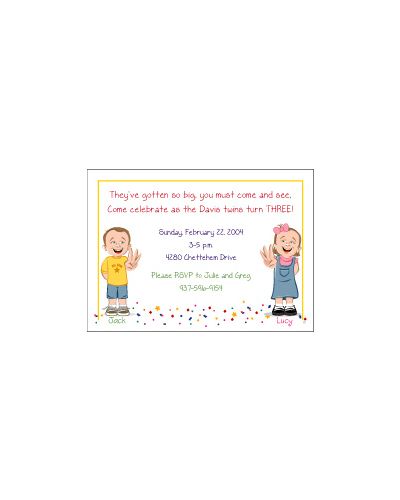 Cartoon Kids 3 Year Old Girl-Boy Twins Birthday Invitation
