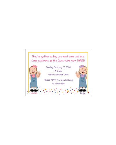 Cartoon Kids 3 Year Old Twin Girls Birthday Invitation