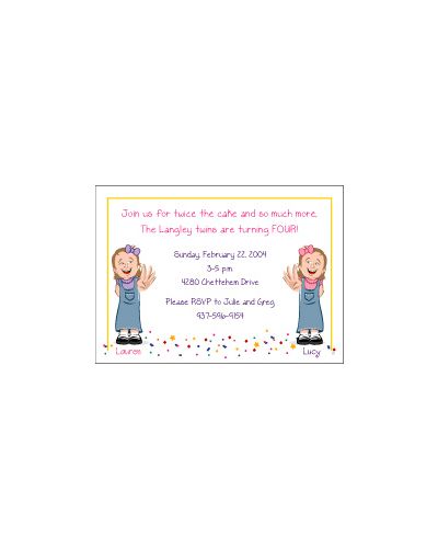 Cartoon Kids 4 Year Old Twin Girls Birthday Invitation