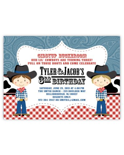 Cowboy Up Party Twin Boys Birthday Party Invitation