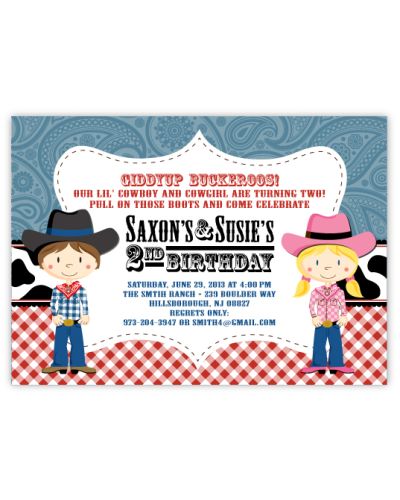 Cowboy Up Boy-Girl Twins Birthday Party Invitation