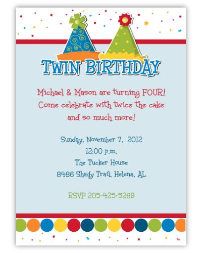 Pair of Party Hats Boy Twins Birthday Invitation