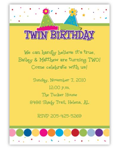 Pair of Party Hats Girl-Boy Twins Birthday Invitation