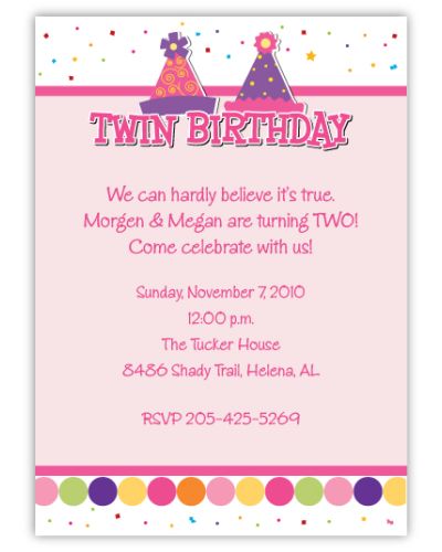 Pair of Party Hats Girl Twins Birthday Invitation