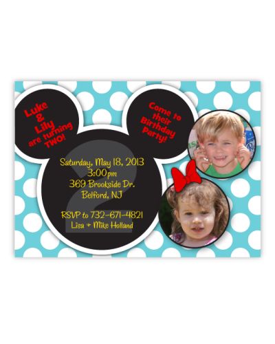 Mickey & Minnie Mouse Twin Photo Birthday Invitation