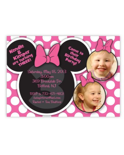 Minnie Mouse Pinky Dot Twin Photo Birthday Invitation