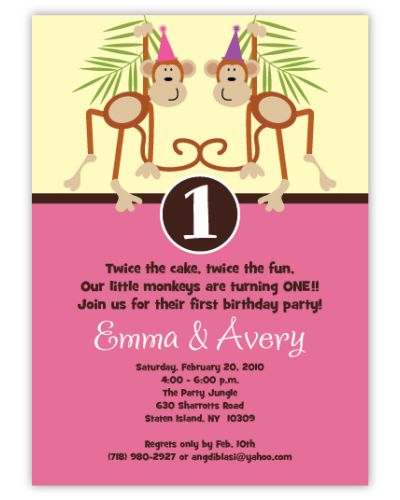 Little Monkeys Girl Twins Birthday Invitation