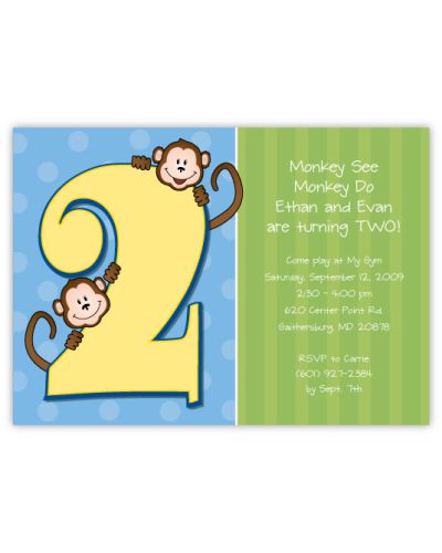 Little Monkeys Boy Twins Second Birthday Invitation