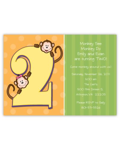 Little Monkeys Girl-Boy Twins Second Birthday Invitation