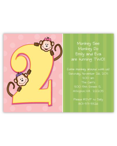 Little Monkeys Girl Twins Second Birthday Invitation