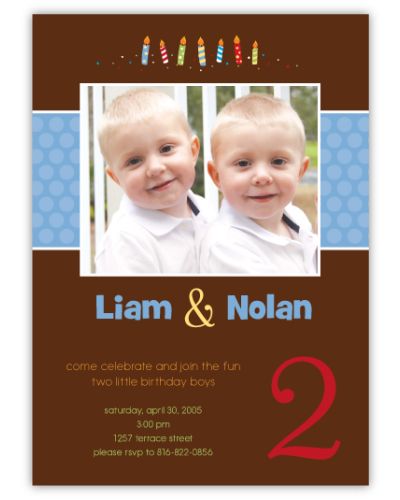 Candles on Chocolate Twin Boys Photo Birthday Invitation