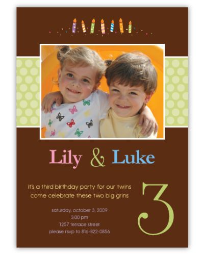 Candles on Chocolate Girl-Boy Twins Photo Birthday Invitation