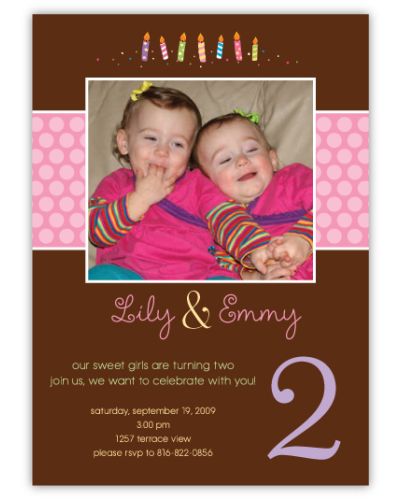 Candles on Chocolate Twin Girls Photo Birthday Invitation