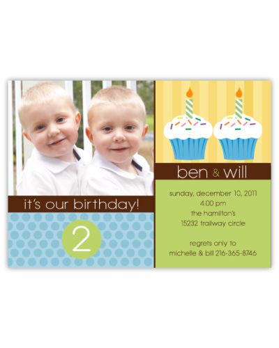 Little Cupcakes Boy Twins Photo Birthday Invitation