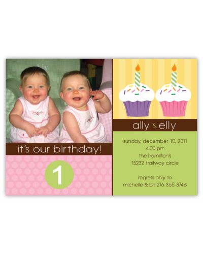 Little Cupcakes Girl Twins Photo Birthday Invitation