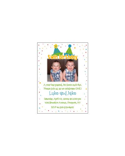 Party Hats Boy Twins Photo Birthday Invitation