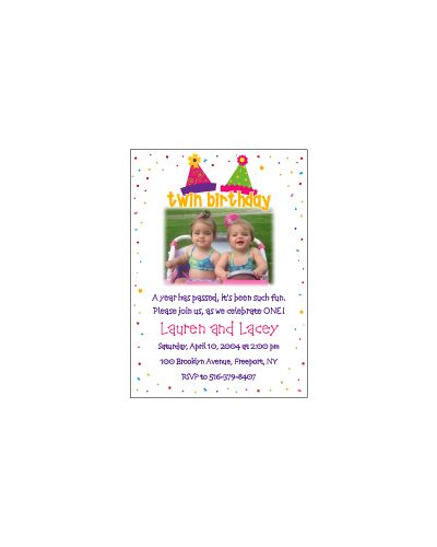 Party Hats Girl Twins Photo Birthday Invitation