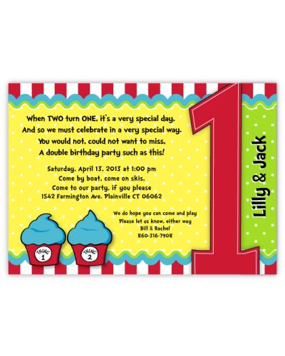 Thing 1 Thing 2 Dr Seuss Cupcakes Twins First Birthday Invitation