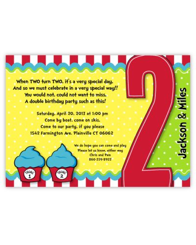 Thing 1 Thing 2 Dr Seuss Cupcakes Twins Second Birthday Invitation