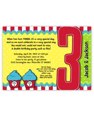 Thing 1 Thing 2 Dr Seuss Cupcakes Twins Third Birthday Invitation