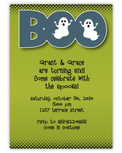BOO on Green Twins Halloween Party Invitation