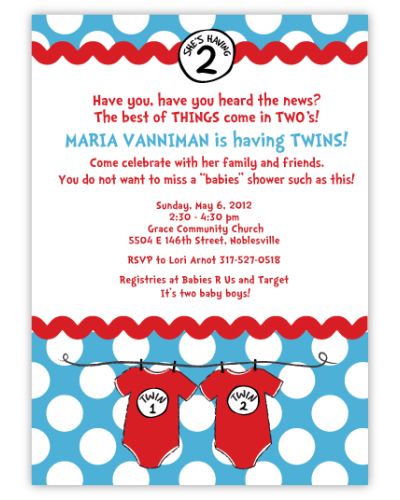 Seuss Spots Onesies Blue Twins Baby Shower Invitation