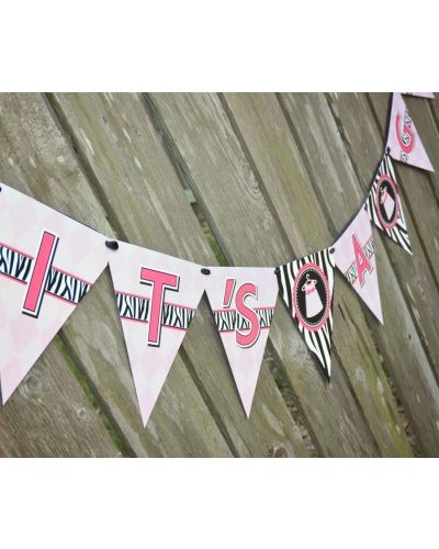 Zebra Diva Baby Girl Personalized It's Twins Baby Shower Banner