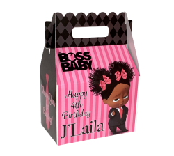 Boss Baby African American Girl Birthday Party Favor Gable Box, Afro Puff Baby Party Box