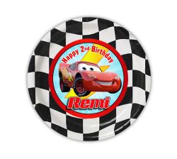 Cars Movie Personalized Party Plates for kids birthday party. Custom Cars party supplies. Cups, Plates, Favor Boxes, water labels, food labels, party backdrop, table cover