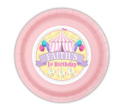 Baby girl first birthday circus carnival party, pink pastels color scheme, soft color palette circus party supplies, carnival party custom plate, personalized party plate, circus tent, carousel decoration