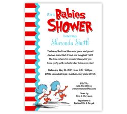Dr Seuss Thing 1 & Thing 2 Guys on Stripes Twins Babies Shower Invitation