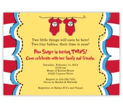 Dr Seuss Twin 1 & Twin 2 Onesies on Yellow Baby Shower Invitation