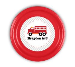 Mod Firetruck Personalized Birthday Party Plates, 9 inch, 12 count, custom party plates, personalized paper plates, firetruck party, trucks party supplies