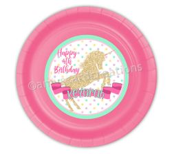 Golden Unicorn Personalized Party Plates, 9 inch, 12 count