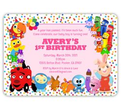 BabyFIrst TV Birthday Party Invitation, Confetti Dots, Blue background