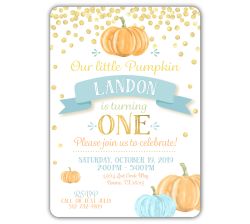 Our adorable, original design for your little pumpkin's fall birthday party.  A simple yet elegant, rounded edge die cut birthday invitation is just perfect for your baby boy's pumpkin theme birthday!  This listing is for the completed, professionally pri