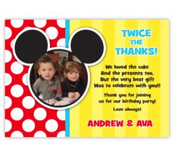 Mickey Mouse Stripe Twin Boys Pre-Printed Photo Thank You Note Card