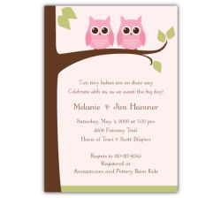 Owls on a Limb Girl Twins Baby Shower Invitation
