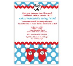 Seuss Spots Thing 1 & Thing 2 on Blue Twins Baby Shower Invitation
