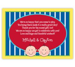Baby Faces on Stripes Twin Boys Thank You Note Card