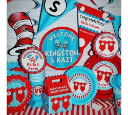 The Ultimate Personalized Party Pack for 12  Twin 1 Twin 2 Dr. Seuss Onesies Twins Baby Shower Supplies