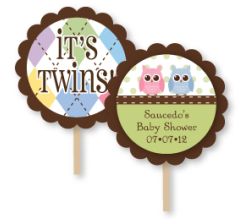 WHOO Loves Baby Owl Theme Personalized Twins Baby Shower Cupcake Topper Picks