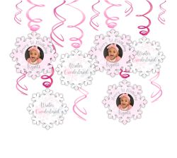 Winter ONE-derland Snowflake Glitter Hanging decorations, Frozen Party, pink and silver, baby first birthday photo banner