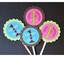 Twins First Birthday Collage Personalized Cupcake Toppers / Picks
