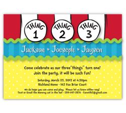 Dr. Seuss Thing 1 2 3 Boy Triplets Birthday Invitation