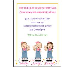 Triplets Cartoon Kids-2 GGG Birthday Invitation