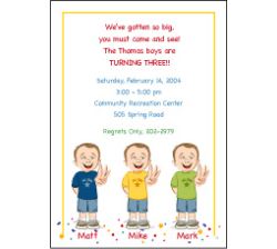 Triplets Cartoon Kids-3 BBB Birthday Invitation